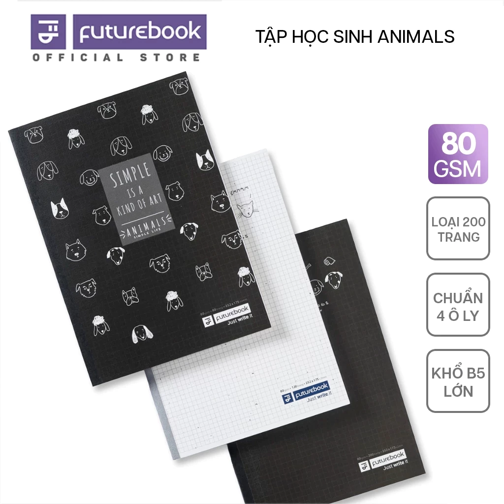 [Bộ 3Q] Tập Học Sinh/Vở Sinh Viên 80/120/200 trang 80 gsm FUTUREBOOK - SV ANIMALS