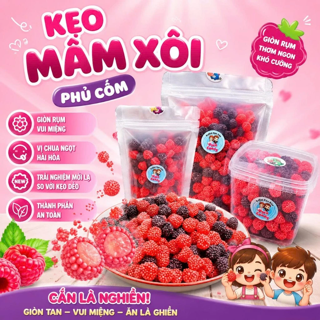 Kẹo Dẻo Mâm Xôi Bọc Cốm, Giòn Rụm - Vị Thiên Chua, Trang Trí Bánh Kem, Ăn Vặt, Bánh Kẹo Tết 2026