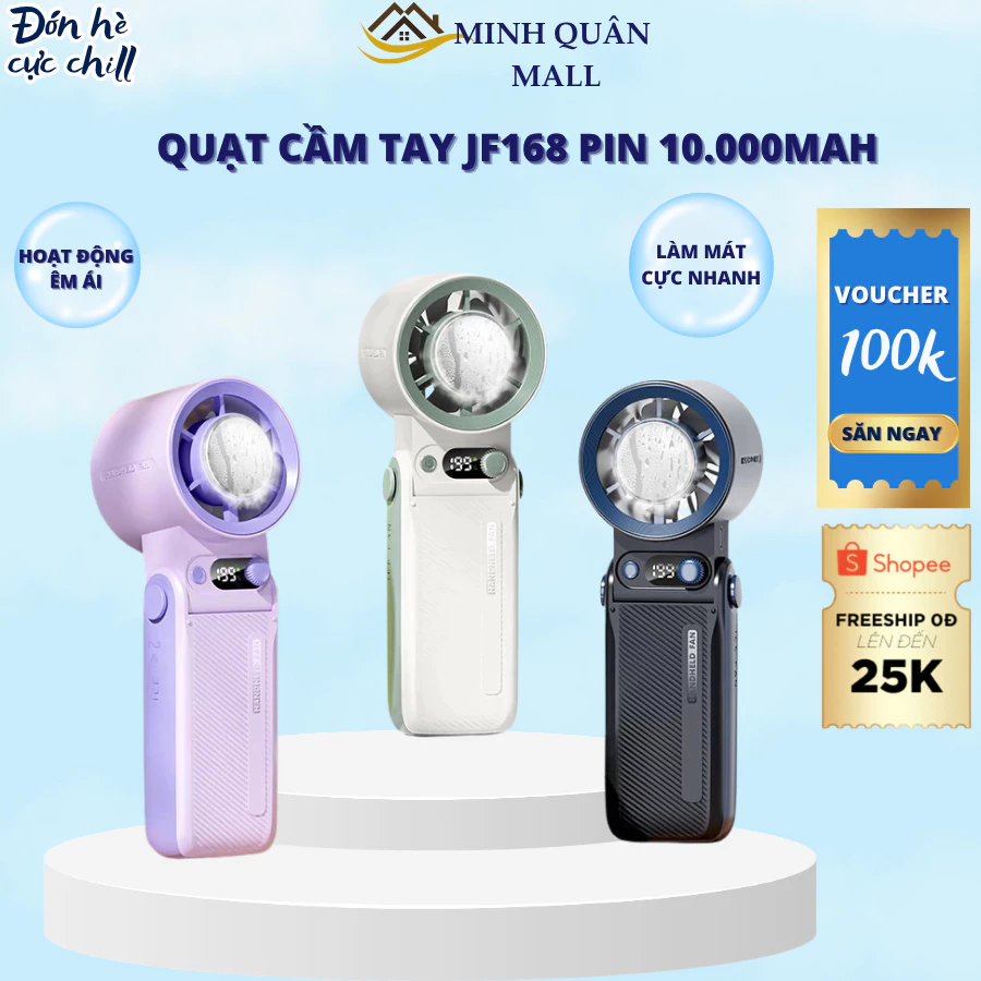 Quạt Tích Điện Cầm Tay Mini JF168 Có Sò Lạnh Quạt Turbo 199 Tốc Độ Gió 10000Mah , Đeo Cổ Làm Mát - Bảo Hành 12 Tháng