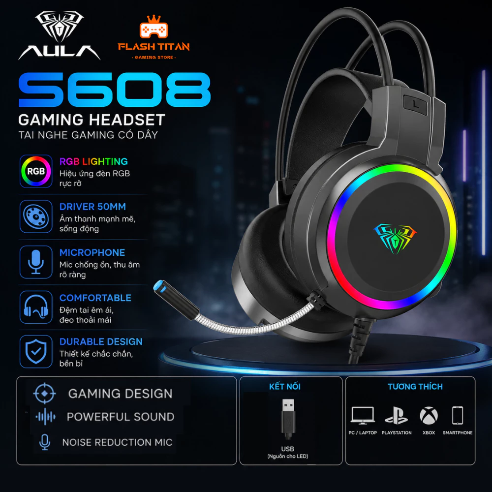 Tai Nghe Chụp Tai GAMING AULA S608 Có Dây, Đèn LED RGB, có mic đàm thoại, Hỗ trợ chơi game Dùng cho PC, Laptop