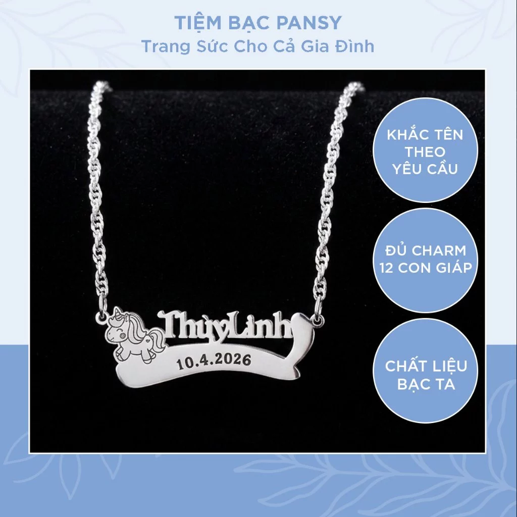 Vòng cổ bạc khắc tên cho bé hình con giáp dễ thương theo tuổi - Dây chuyền trẻ em chuẩn bạc ta PANSY