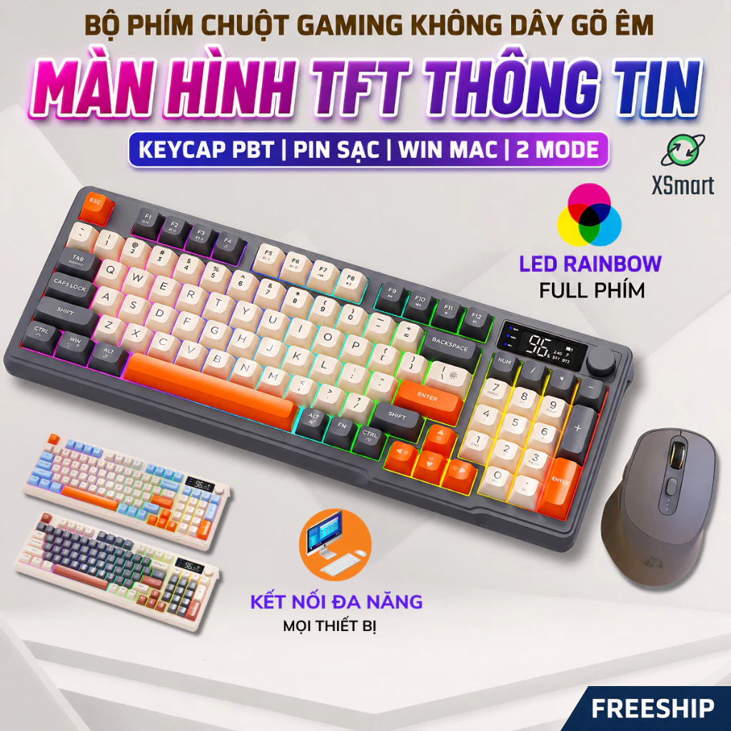 Bộ Bàn Phím Không Dây Bluetooth FreeWolf M96 LED 7 Màu Có Màn Hình, 2 Mode, Phím PBT Cao Cấp, Gõ Êm