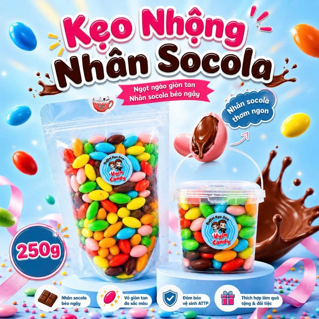 Kẹo Nhộng Nhân Socola Nhiều Màu, Vị Thiên Ngọt, Đóng Gói Túi Zip, Xô Siêu Xinh