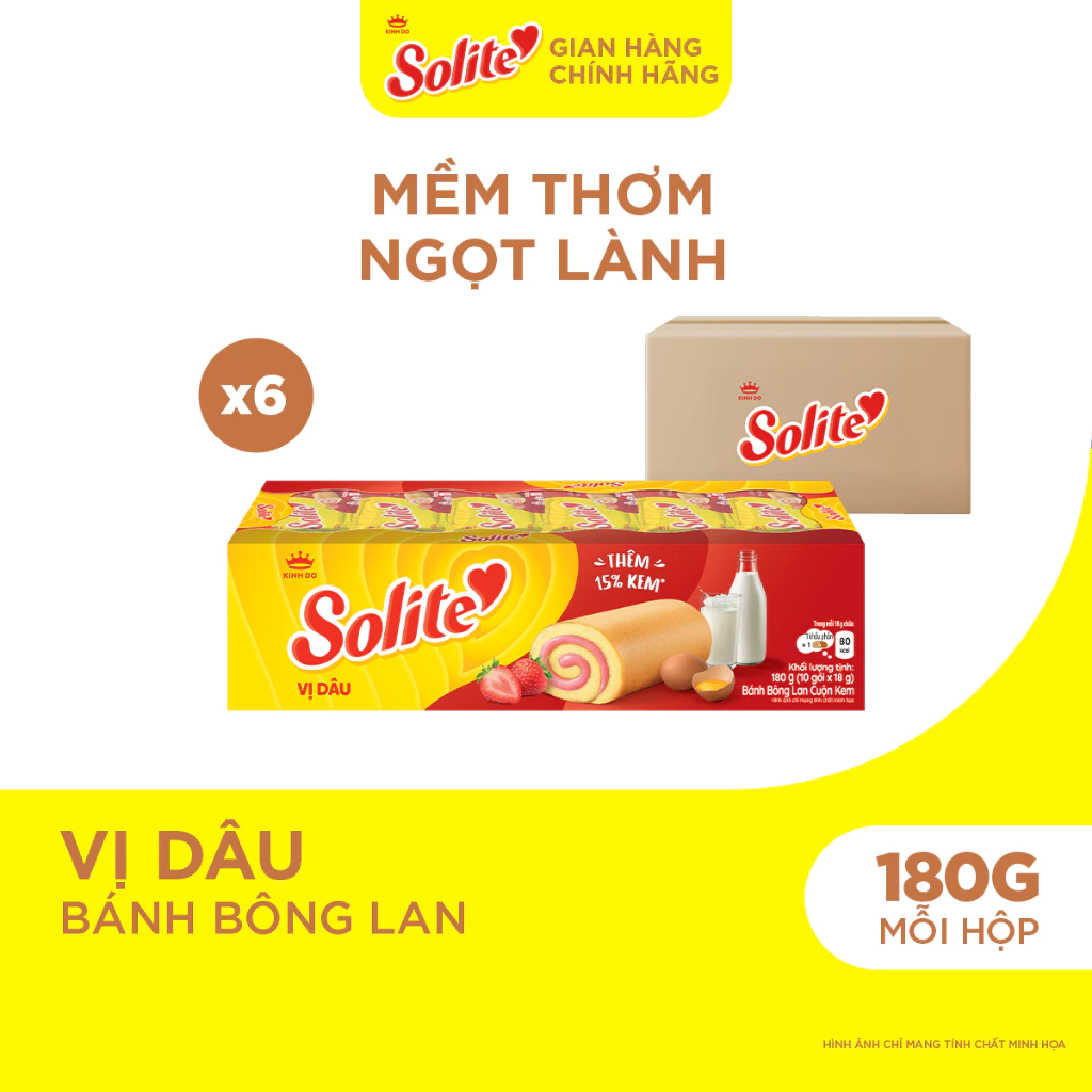 Combo 6 Hộp Bánh Bông Lan Solite Cuộn Kem Vị Dâu 180g