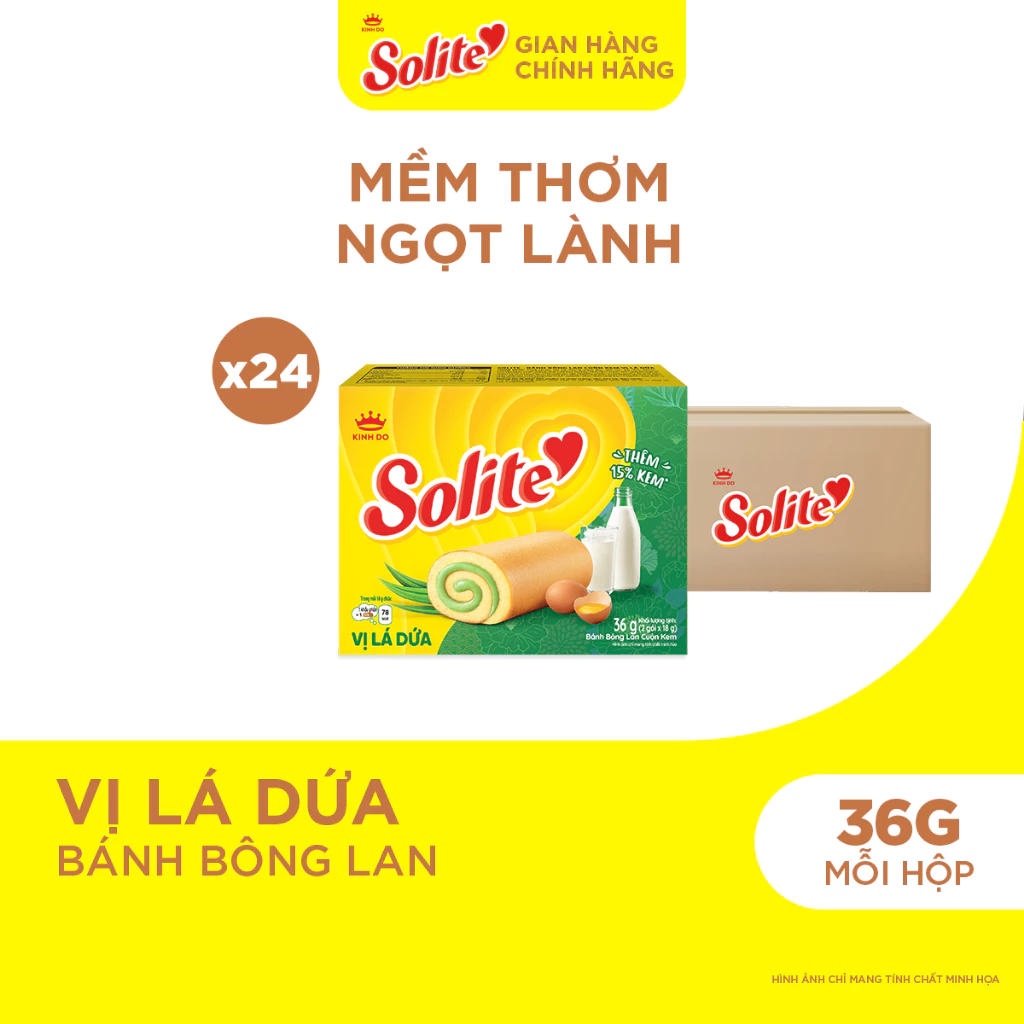 Combo 24 Hộp Bánh Bông Lan Solite Cuộn Kem Vị Lá Dứa 36g