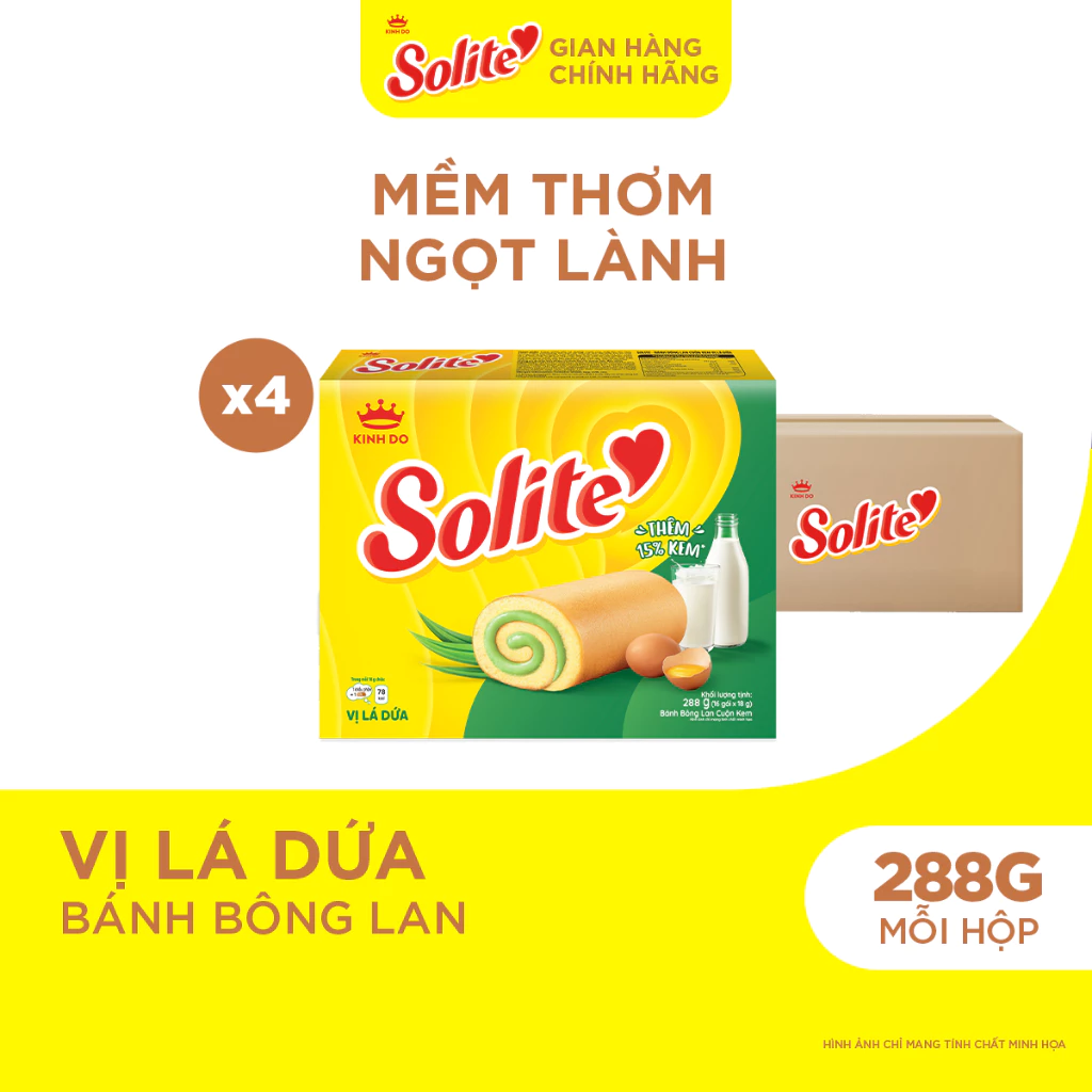Combo 4 Hộp Bánh Bông Lan Solite Cuộn Kem Vị Lá Dứa 288g