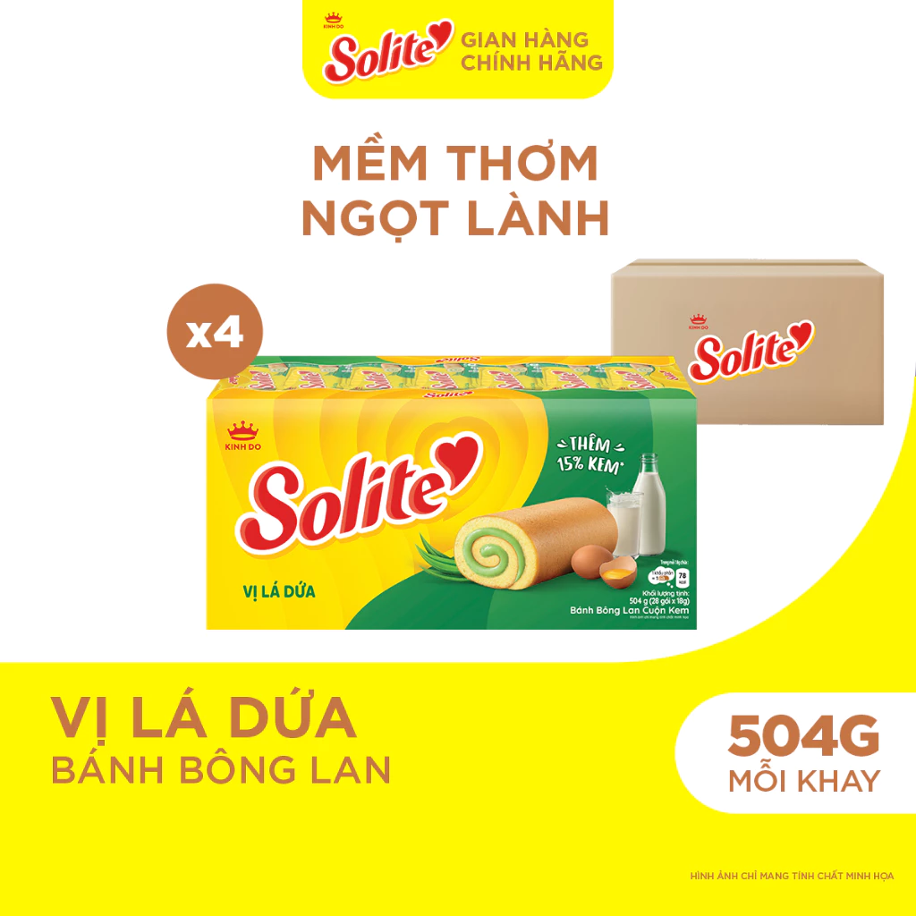 Combo 4 Khay Bánh Bông Lan Solite Cuộn Kem Vị Lá Dứa 504g