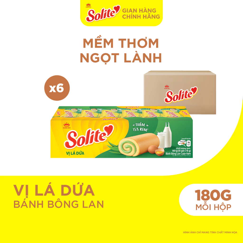 Combo 6 Hộp Bánh Bông Lan Solite Cuộn Kem Vị Lá Dứa 180g