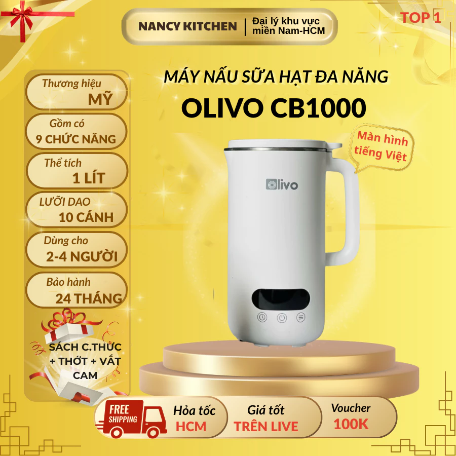 [Chính hãng] Máy Xay Nấu Đa Năng OLIVO CB1000,Thể Tích 1L, Nắp kín, CS 880W, 9 chế độ,bh 24 tháng