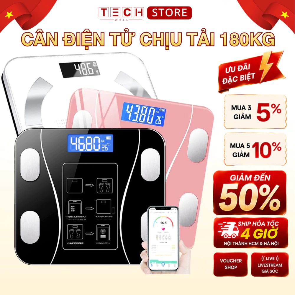 Cân Điện Tử Kết Nối Bluetooth Phân Tích Chỉ Số Cơ Thể, Trọng Lượng Tối Đa 180kg