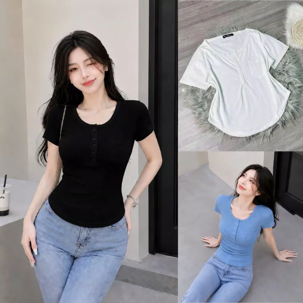 Áo crotop nữ bigsize thun gân tăm, Áo phông nữ oversize cổ tròn nút đẹp xinh xắn dễ phối G13