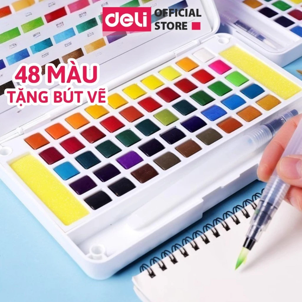 🔥[SALE 29K 12MÀU+ BÚT VẼ] Màu Nước Dạng Nén Solid Water Color 12/18/24/36 Màu Deli - Màu Nước Nén Mịn Loang Màu Tốt