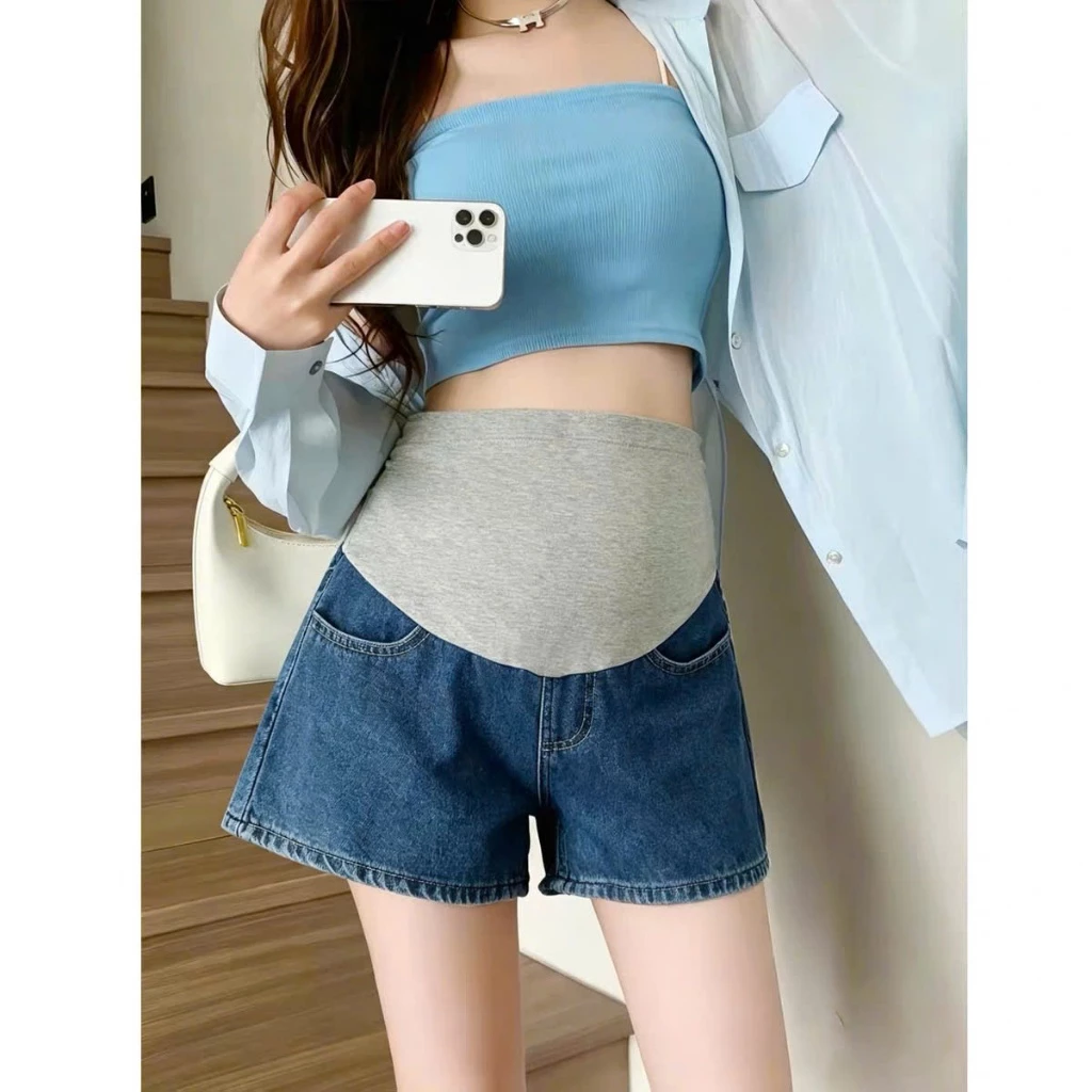 Quần sooc bầu quần jean bầu đùi dễ mặc chất liệu jean cao cấp có đáp bụng, có chun chỉnh bung bầu cho mẹ bầu đi chơi