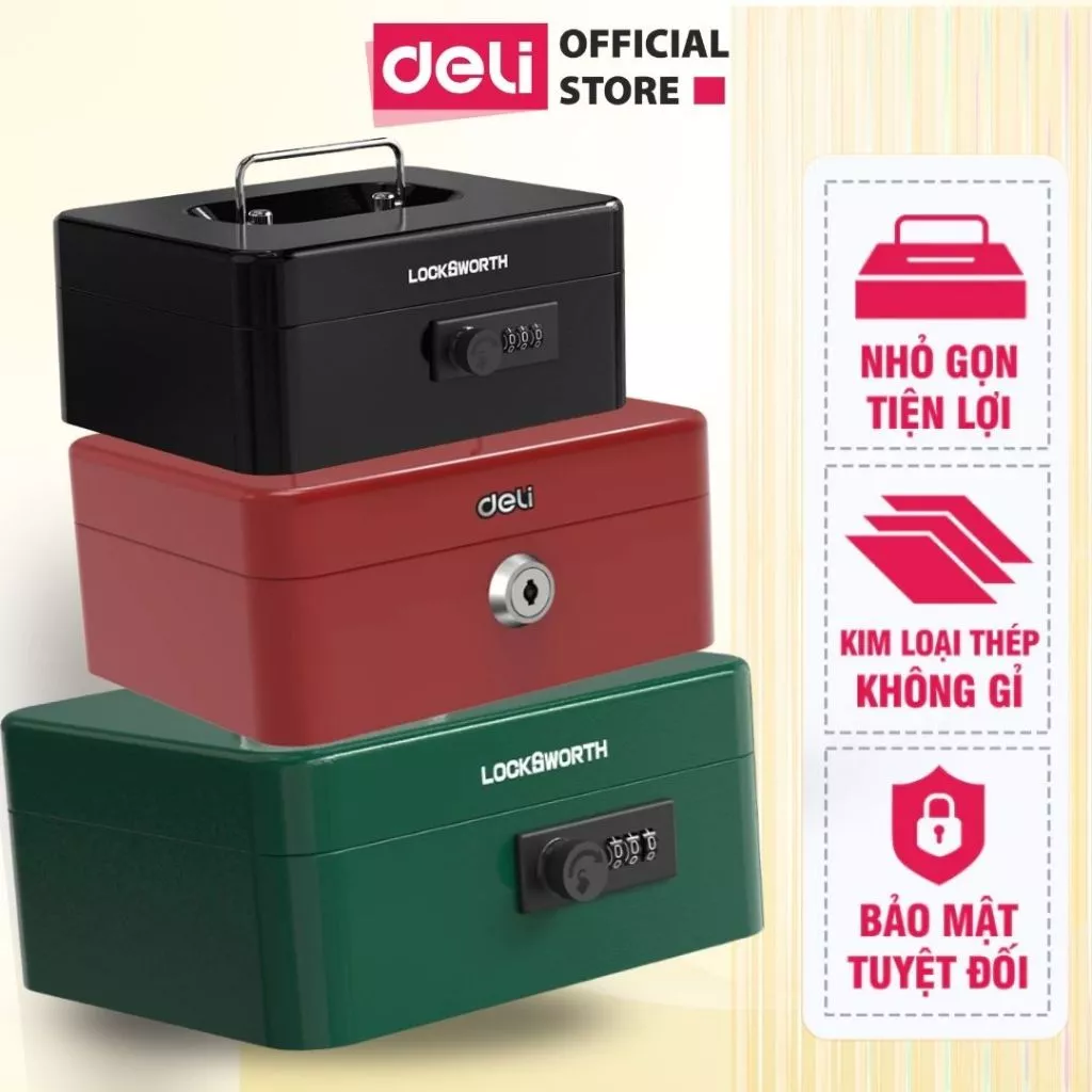 Hộp Đựng Tiền Kim Loại Deli Hộp Đựng Trang Sức Nhiều Ngăn Bảo Vệ Tài Sản Hộp Tiền Mật Mã Chìa Khoá Nhiều Màu Đen Đỏ Xanh