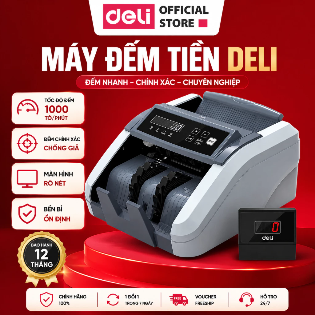 Máy Đếm Tiền DELI mini Tốc độ đếm 1000 tờ/phút, Phát Hiện Tiền Giả Chính Xác, Đếm Cộng Dồn