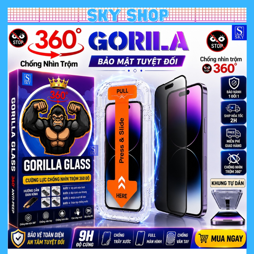 Kính Cường Lực iphone Chống Nhìn Trộm 360 Độ Tự dán rút bụi GORILA GLASS…