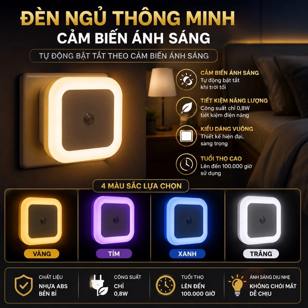 Đèn Ngủ Thông Minh Cảm Biến Ánh Sáng Có 4 Màu Sắc, Đèn Cảm Biến Bật Tắt Theo Ánh Sáng