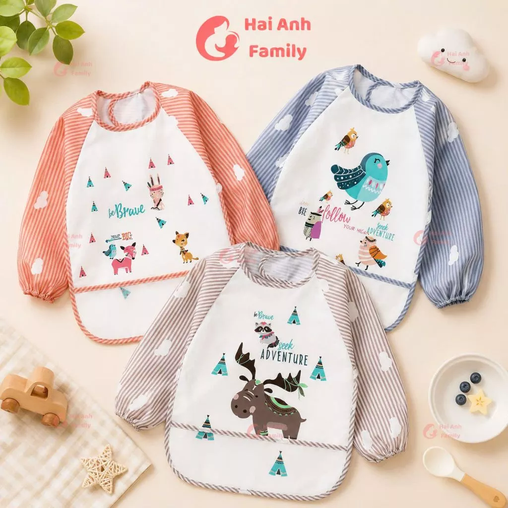 Áo yếm ăn dặm BLW chống thấm nước, có máng chứa thức ăn rơi