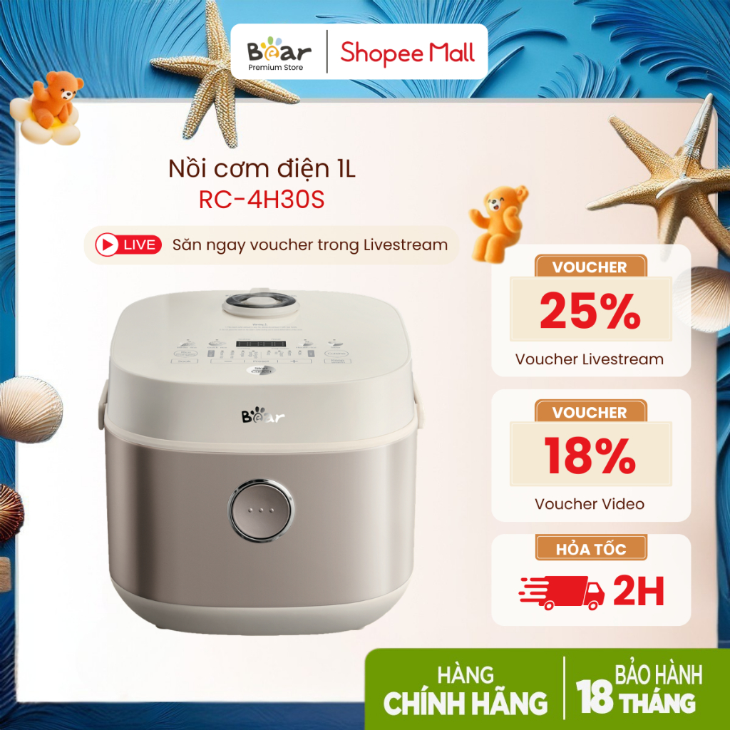 Nồi cơm điện 1L Bear DFB-H30A3 (RC-4H30S), 600W, Lòng Tráng Men, Thiết Kế Tay…