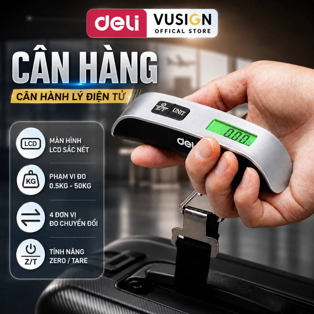 Cân điện tử Deli cầm tay mini Chính Hãng Cân 50kg Cân Hành Lý Vali Gói Kiện Hàng Chính Xác