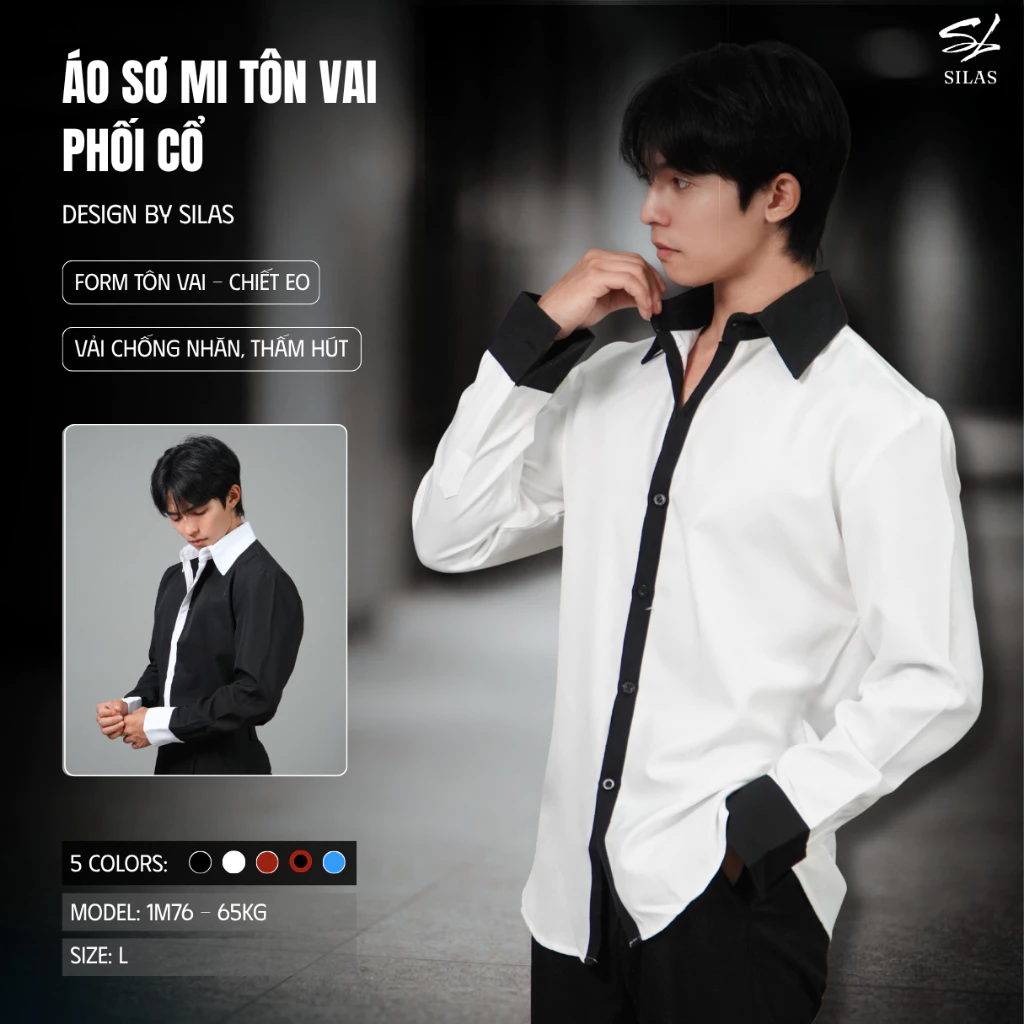 (Form Tôn Vai) Áo Sơ Mi SILAS Trơn Phối Cổ Menswear Cotton Chéo Cổ Bẻ Form Rộng Nam - ASL4