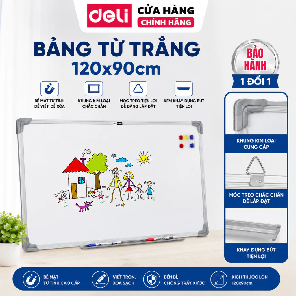 [VOUCHER 30%] Bảng Từ Trắng DELI Kích Thước 120x90cm, Bảng Viết Bút Lông, Bảng Trắng Dạy Học Kèm Móc Treo Tiện Lợi