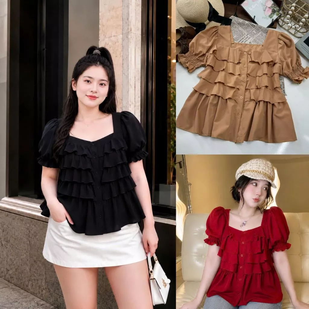 Áo sơ mi tay bồng bigsize nữ cổ vuông vạt xòe cách điệu đường dập xếp ly chất vải xoa mềm mịn tôn dáng thanh lịch - SM36