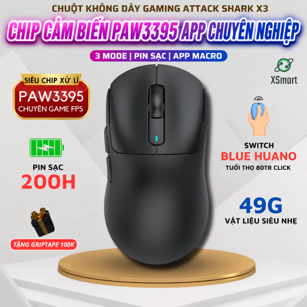 Chuột Máy Tính Bluetooth Không Dây Siêu Chip PAW3395 Attack Shark X3 PRO Tặng Grip Tape, Chuyên Game