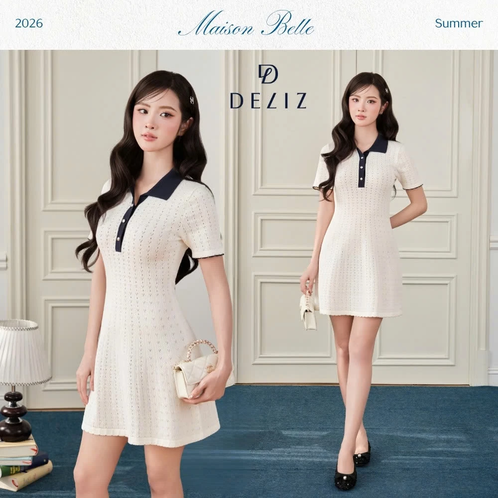 Váy len nữ dáng xòe cổ polo dệt nhiều lỗ thoáng khí chất mềm mịn kiểu dáng trẻ trung DELIZ VA280 600G