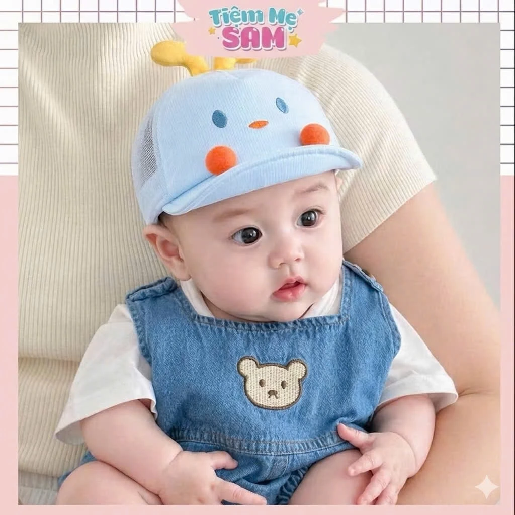 Mũ lưỡi trai sơ sinh phối lưới thoáng khí với họa tiết xinh xắn cho bé 0-3 tháng, bảo vệ đầu bé trong ngày nóng - MUG17