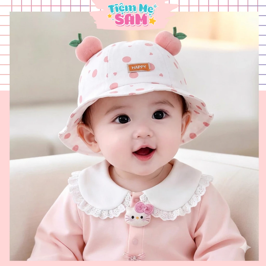 Mũ Bucket Tai Bèo Công Chúa Chấm Bi Đính Quả Đào Dễ Thương Cho Bé Gái 18-36 Tháng MUG30 - Tiệm Mẹ Sam 97