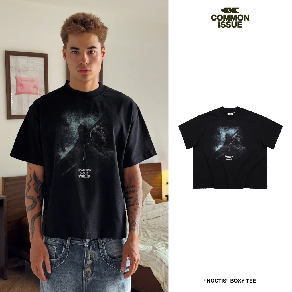Áo Thun Form Boxy "NOCTIS” Chất Vải Cotton Premium 2 Chiều 240gsm Hiệu Ứng Mài Rách Unisex Nam Nữ | Common Issue