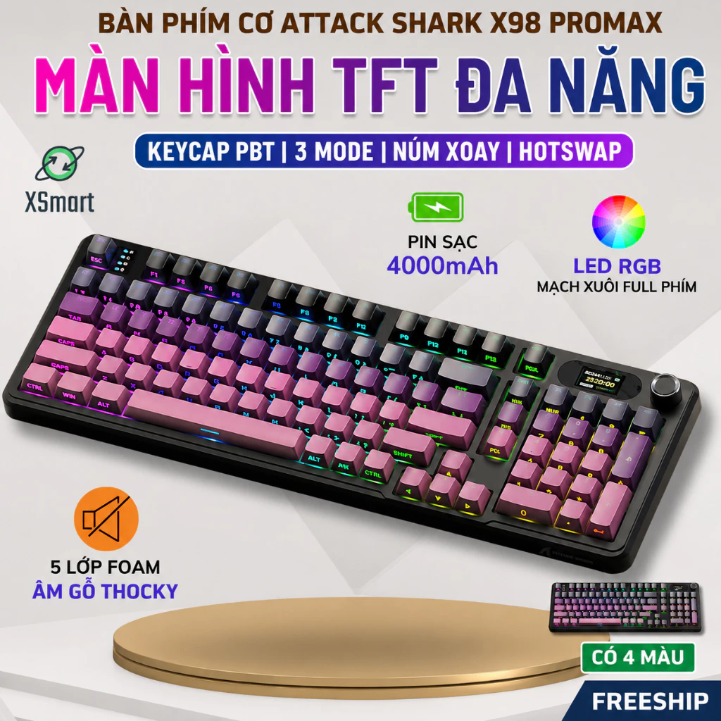 Bàn Phím Cơ Bluetooth Attack Shark X98 PRO MAX Có Màn Hình LED, 3 Mode Cho Máy Tính Laptop PC