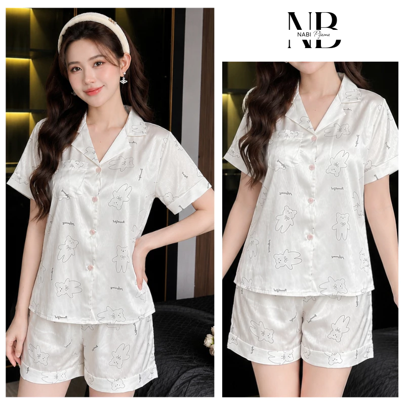 Bộ Ngủ In Hình Gấu Béo, Lụa Xước Cao Cấp mặc ở nhà, ra ngoài đều thoải mái