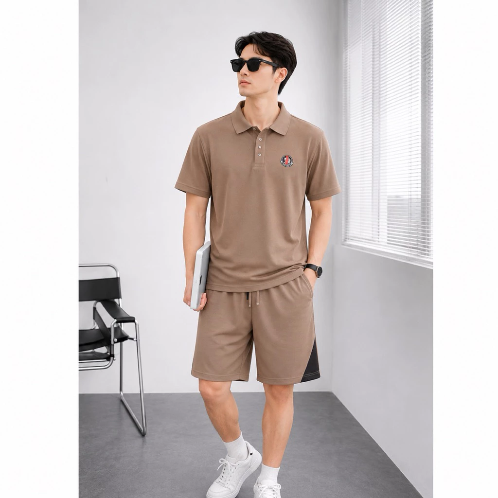 Bộ quần áo nam nữ cổ bẻ mùa hè phối viền thêu ,chất poly cá sấu co dãn đa chiều thoáng mát