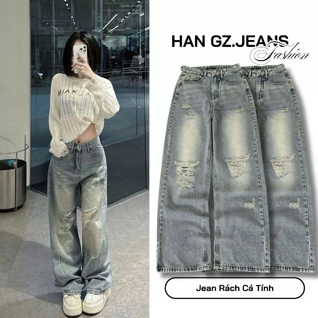 Quần Jeans Nữ HAN.Gz Lưng Cao Ống Rộng Dáng Suông Phủ Khói Rách Nhẹ Cá Tính R5054