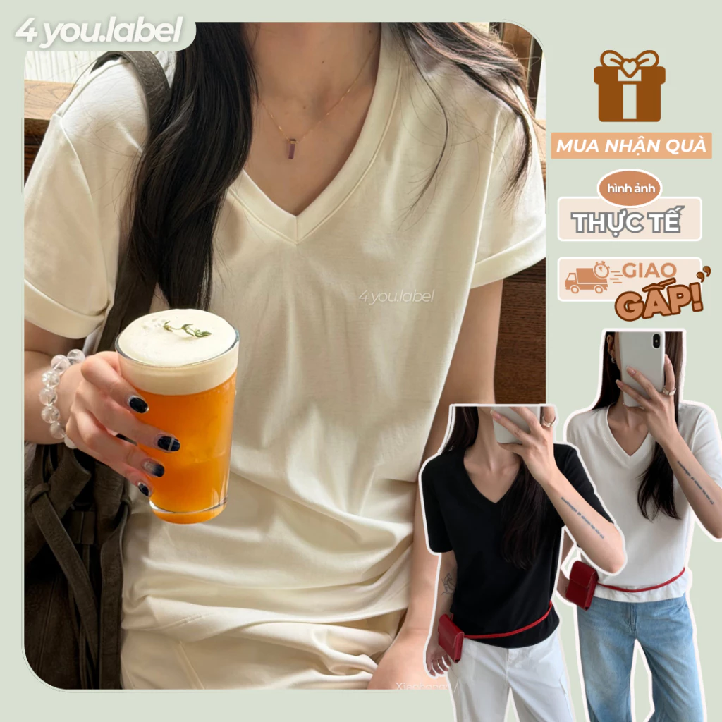 Áo Thun Nữ Cổ Tim V Basic Cotton Mềm Co Giãn Thấm Hút Tốt Che Khuyết Điểm Tôn Dáng AT01 | 4YOU.LABEL