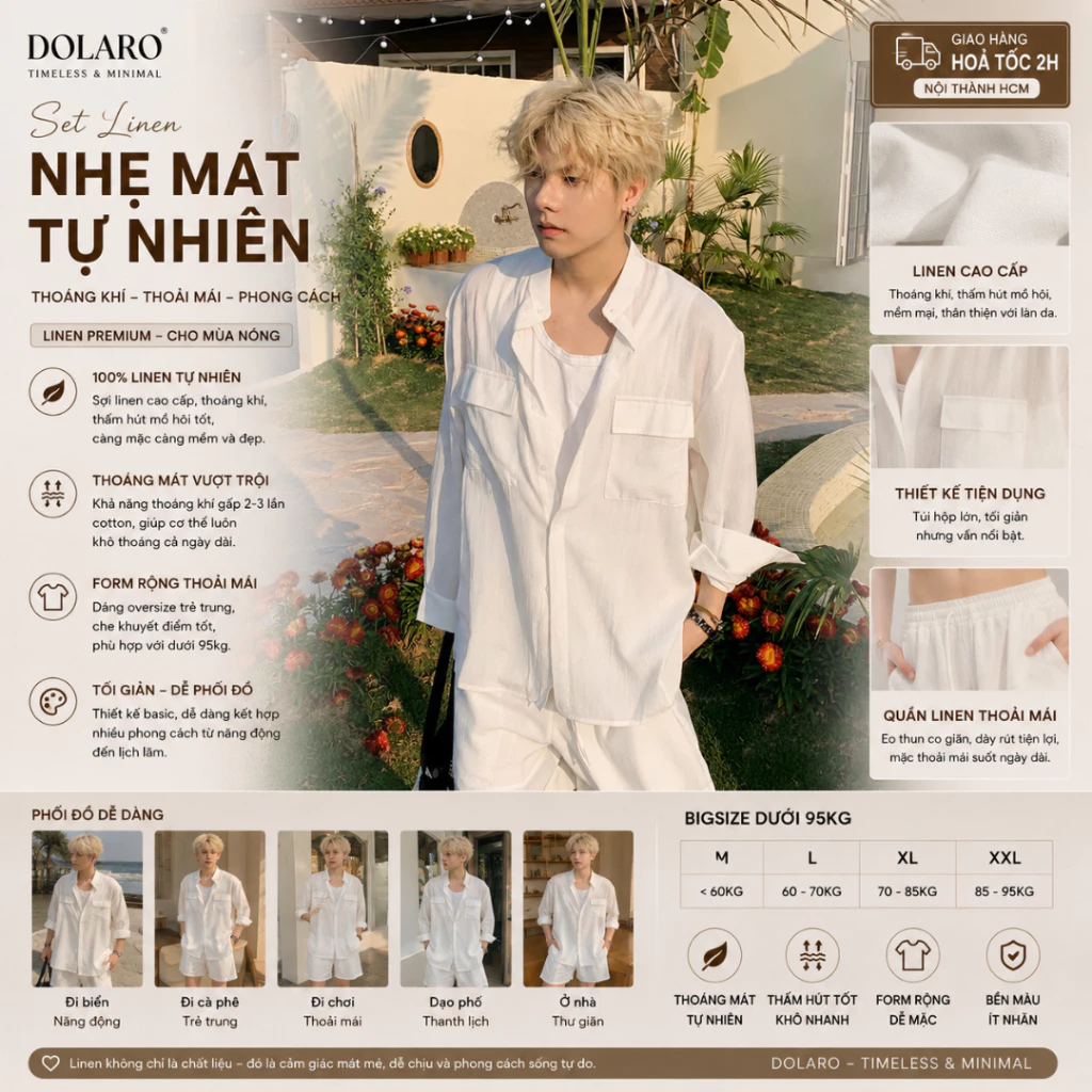 Áo Linen Nam Cổ Tàu Có Túi Vuông DOLARO, áo sơ mi tay dài nam phong cách có bigsize dưới 95kg