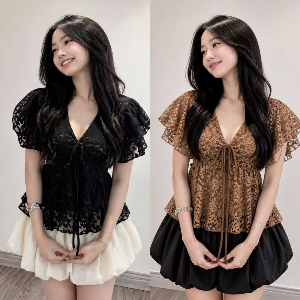 Áo Ren Nữ Bigsize Cổ V Tay Loe Xếp Tầng Dây Rút Thắt Nơ Eo Form Xòe Nữ Tính Sang Chảnh Tôn Dáng-A353