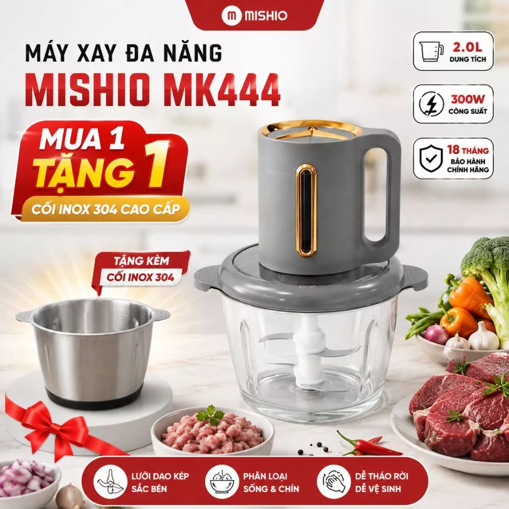 Máy Xay 2 cối thủy tinh và inox Mishio MK444 (2.0L)