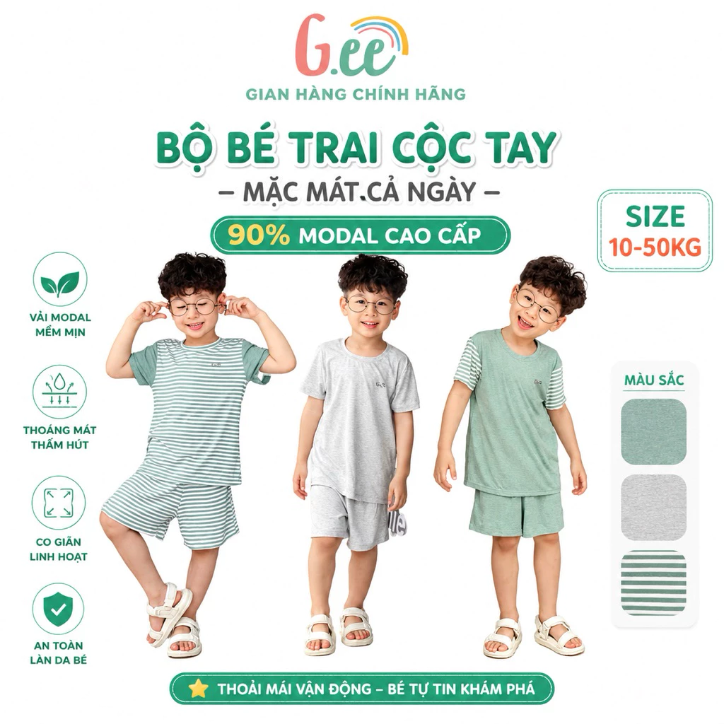 Bộ Bé Trai Cộc Tay, Quần Áo Hè,  Đồ Bộ Mặc Nhà Gee, Vải Sợi Sồi Mềm Mịn Thoáng Mát, Thấm Hút