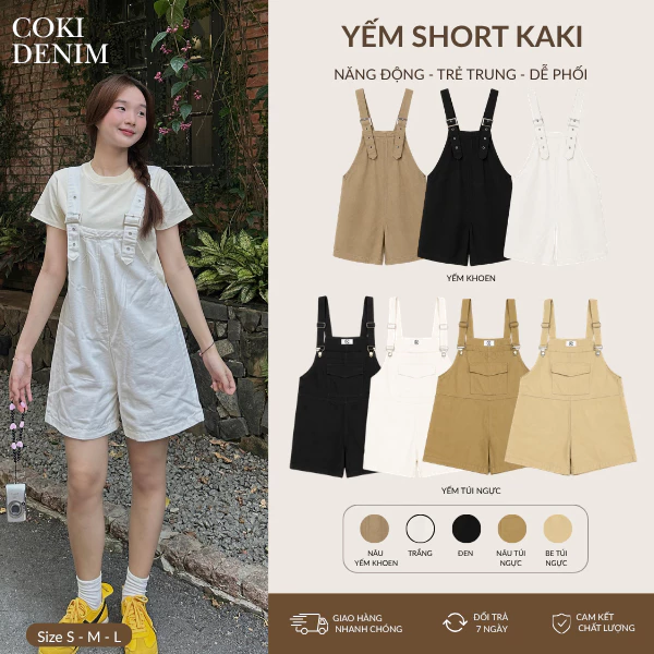 Quần Short Yếm Kaki Quần Yếm Đùi Ống Rộng 3 Màu Form Rộng