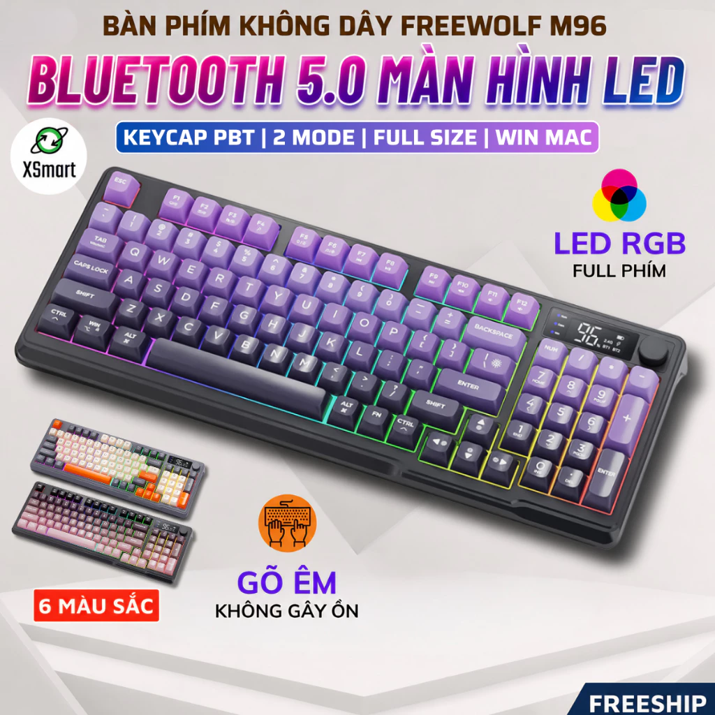 Bàn Phím Bluetooth Không Dây FreeWolf M96 NEW Keycap PBT 2 Mode Màn Hình LED 7 Màu Full Foam Gõ Êm