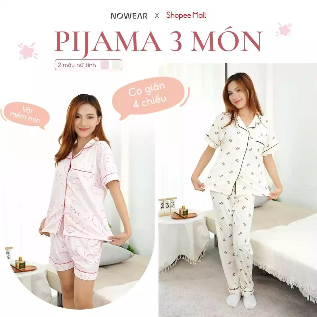 Đồ Bộ Pijama Nữ NOWEAR Set 3 Món Co Giãn 4 Chiều, Áo Quần Đùi Quần Dài Mặc Nhà Thoải Mái