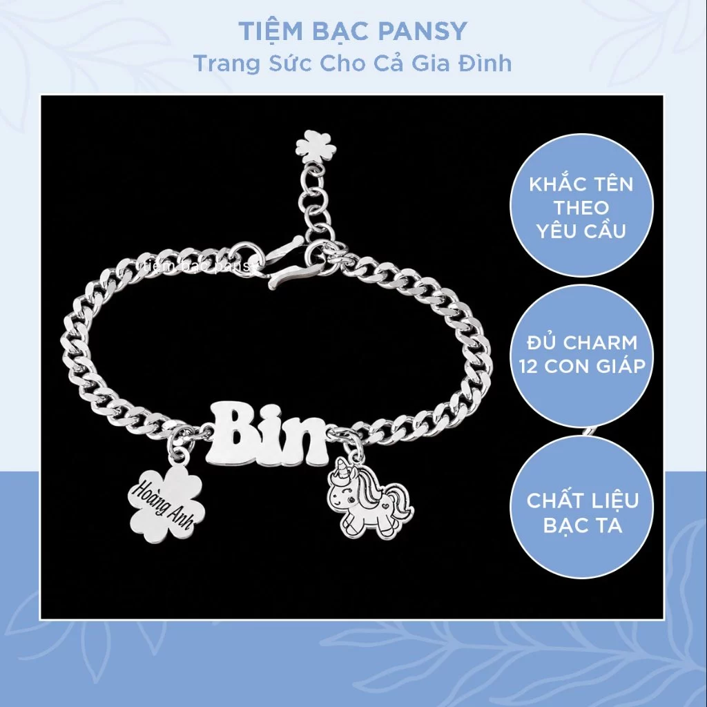 Lắc bạc ta khắc tên cho bé PANSY kiểu dây đơn mix thẻ tên hình cỏ 4 lá dễ thương - TIỆM BẠC PANSY
