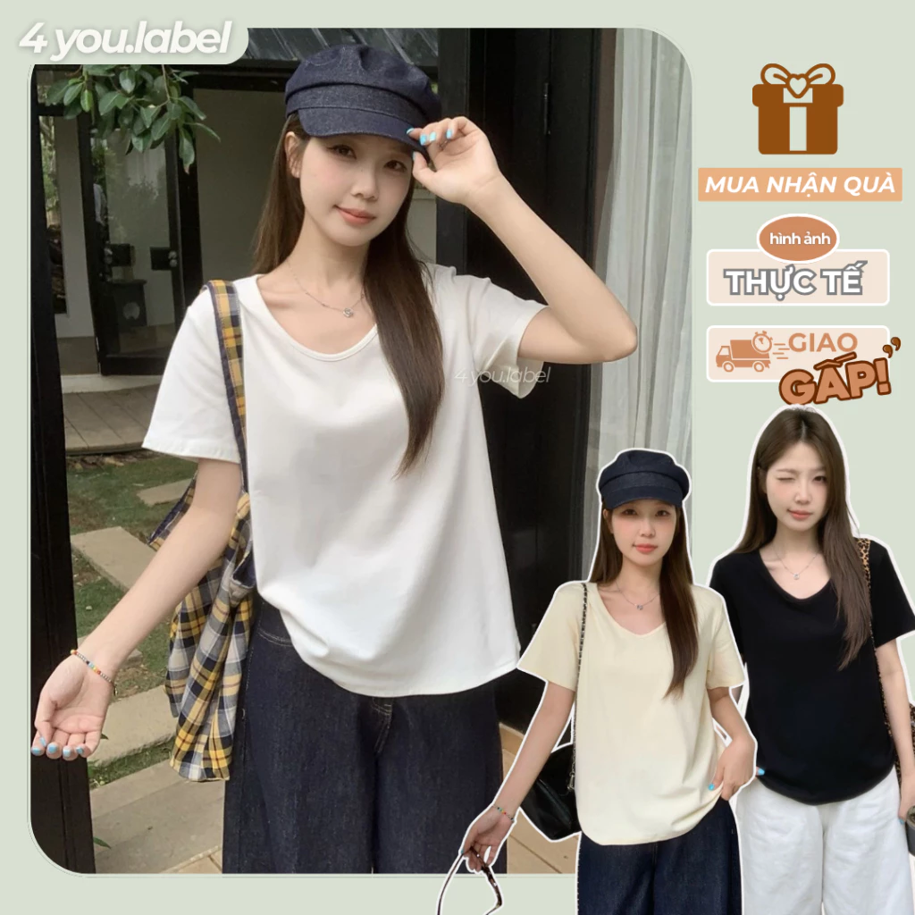 Áo Thun Nữ Cổ Tròn Basic Cotton Dày Dặn Co Giãn Áo Phông Thấm Hút Tốt Mồ Hôi Form Vừa AT02 | 4YOU.LABEL
