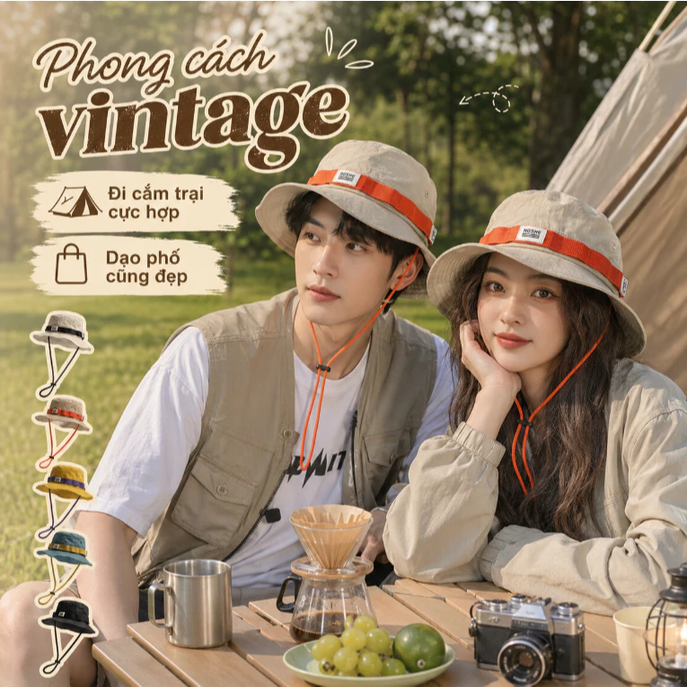 Nón Tai Bèo Chống Nắng Unisex Vành Rộng Thoáng Khí Nhẹ Gấp Gọn Dây Rút Phong Cách Vintage Đi Biển Dã Ngoại Cắm Trại