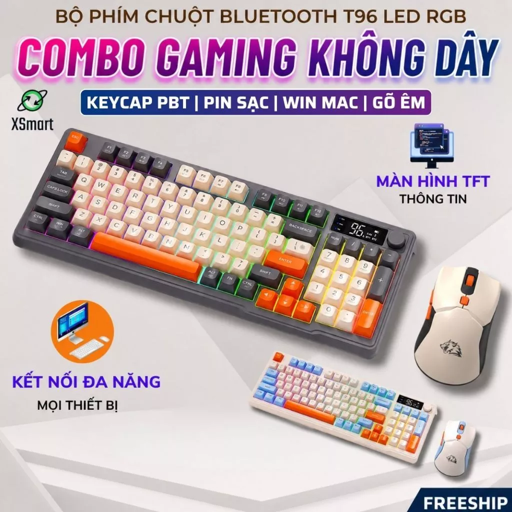Bộ Bàn Phím Chuột Bluetooth Văn Phòng T96 Full LED, Keycap PBT, 2 Mode Tương Thích Nhiều Thiết Bị