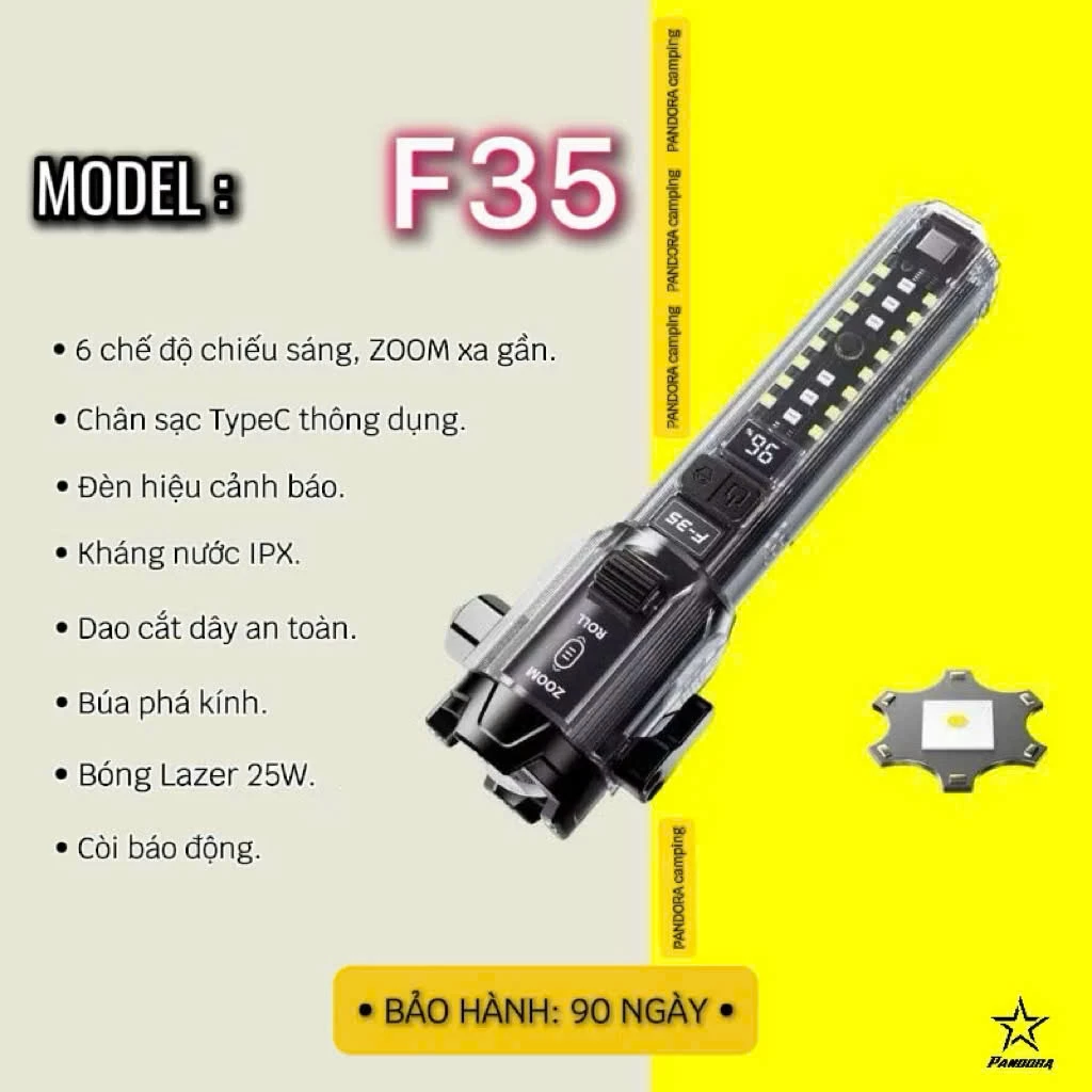 Đèn Pin F35 Led lazer siêu sáng - còi báo động - cắt dây an toàn - phá kính – sạc cho điện thoại bảo hành 12 tháng