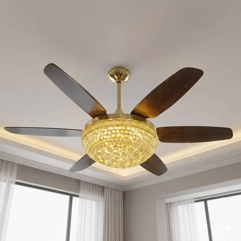 Quạt Trần LATO 6 Cánh Chao Chùm Pha Lê Cao Cấp Trang Trí Phòng Ngủ Phòng Khách 3 Chế Độ Sáng BH 10 Năm